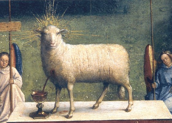 Výřez Gentského oltáře.  Hubert van Eyck, Jan van Eyck.